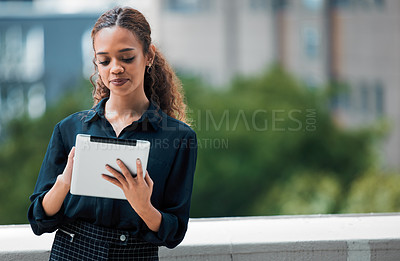 Buy stock photo African, businesswoman and tablet in portrait outside on balcony for remote work, fresh air and communication. Female person or freelance writer and tech for research and planning article or blogpost