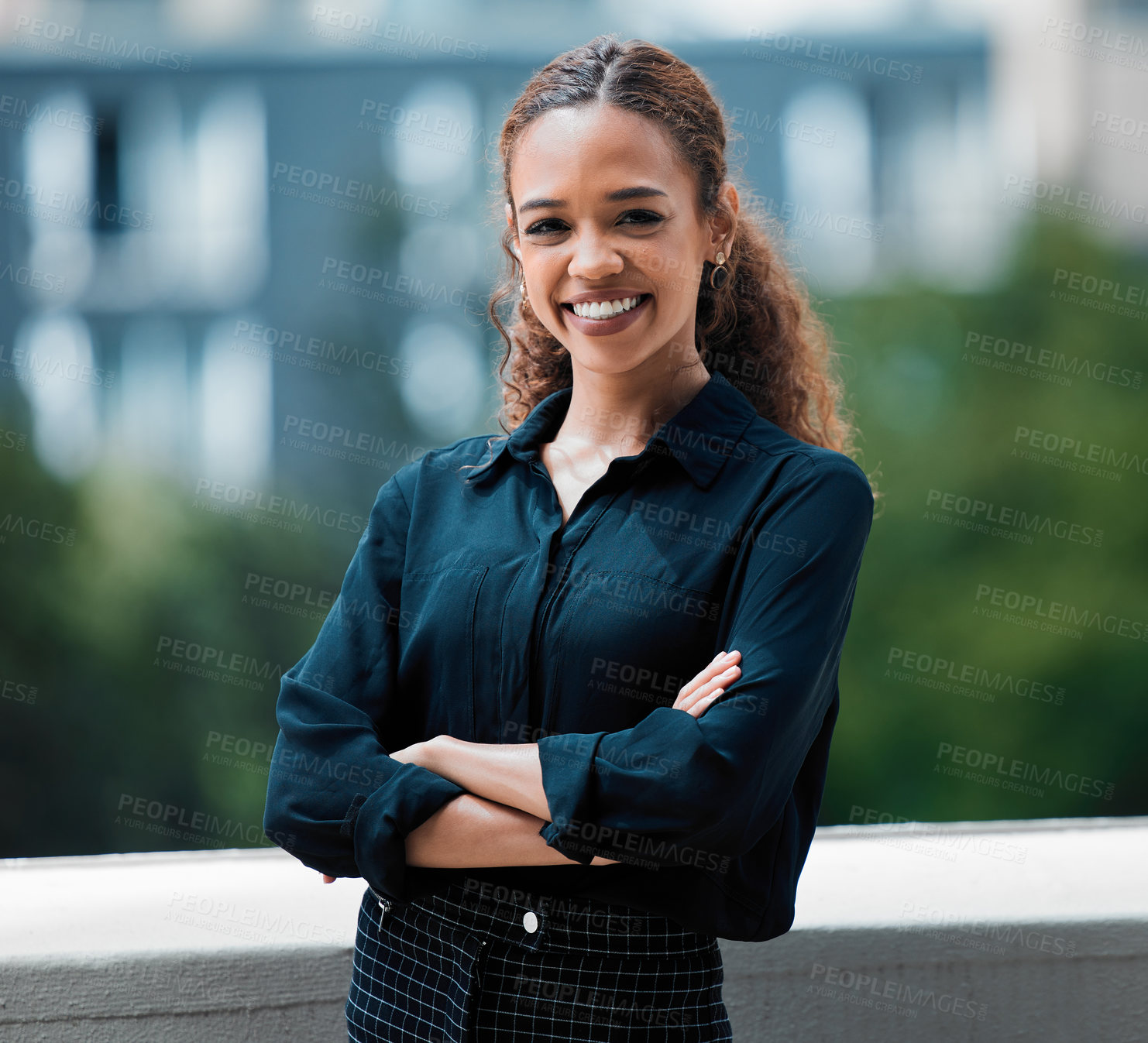 Buy stock photo Portrait, business woman and arms crossed in city for travel, job or career opportunity of employee. Face, confident or happy professional outdoor, entrepreneur or expert consultant on roof in Brazil
