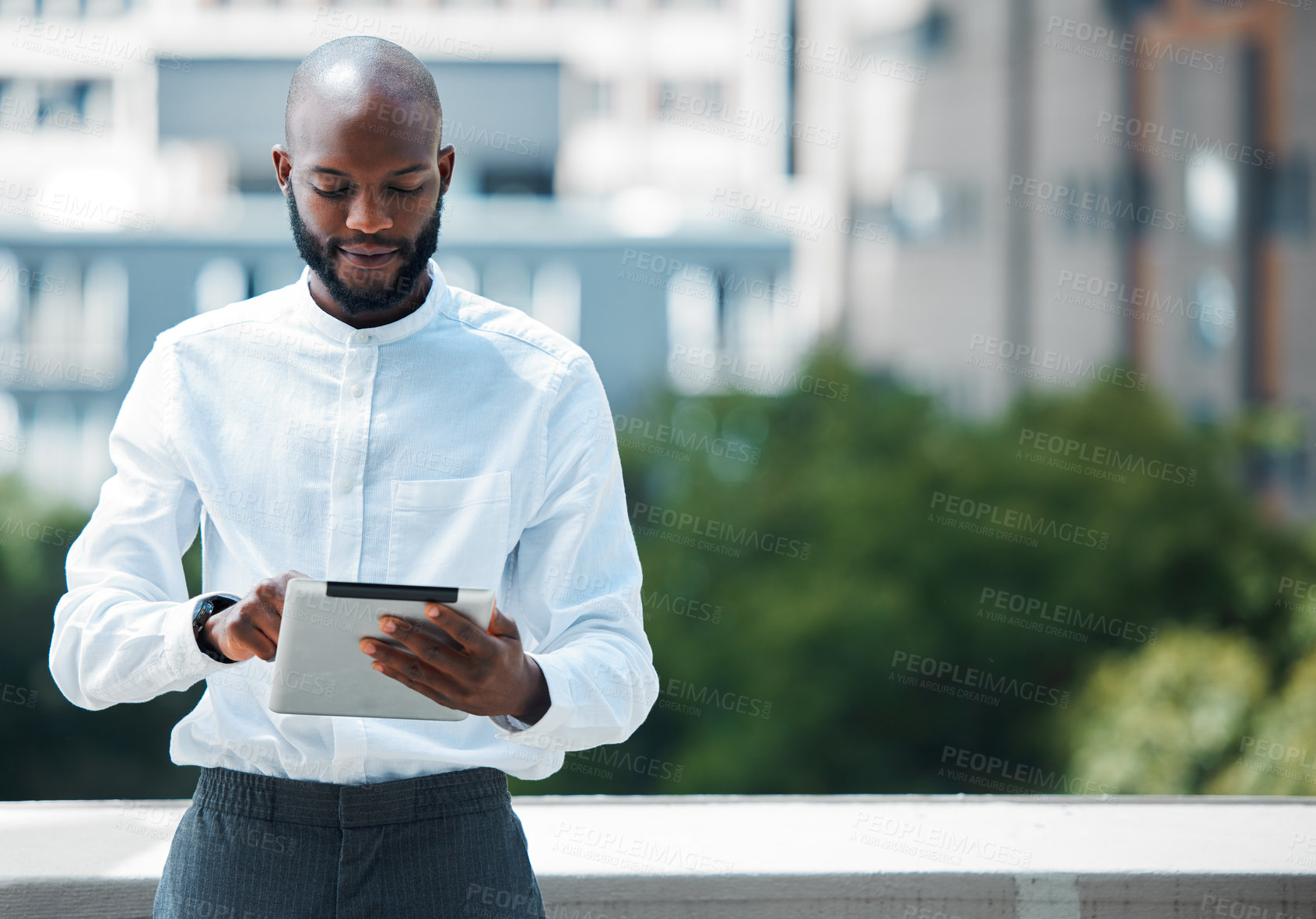 Buy stock photo Outside, business man and tablet on balcony for scrolling, browsing and communication. Black person, journalist or content writer and technology for research, planning article or reading online