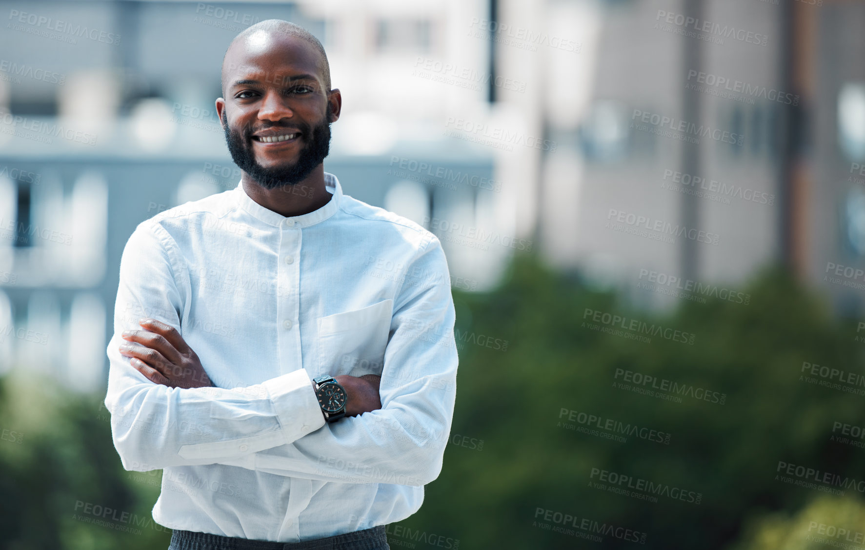 Buy stock photo City, arms crossed and portrait of businessman with smile for creative ambition, career and confidence. Outdoor, happy and black man with pride for architecture, industry and contractor in Nigeria