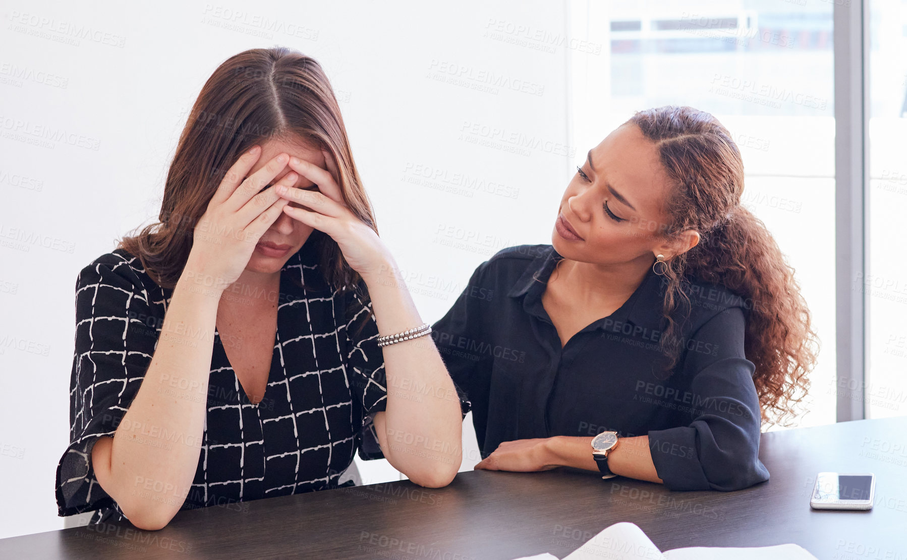 Buy stock photo Business woman, management and stress in burnout, friends and advice with empathy in office. Anxiety, pressure and headache for employee for paperwork, review and task by frustrated or team support