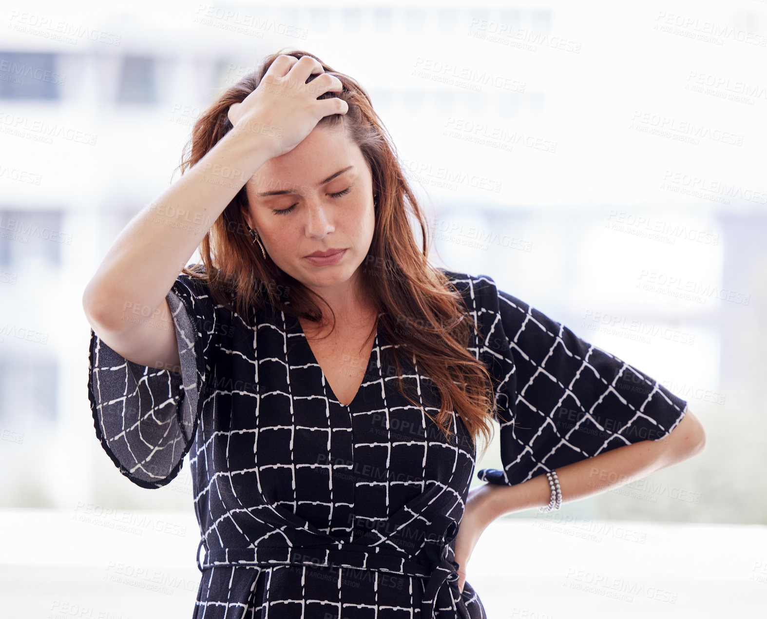 Buy stock photo Business woman, stress and management with burnout or sad, hands and task in office. Anxiety, headache and pressure for employee for paperwork, deadline and review or frustrated for company.