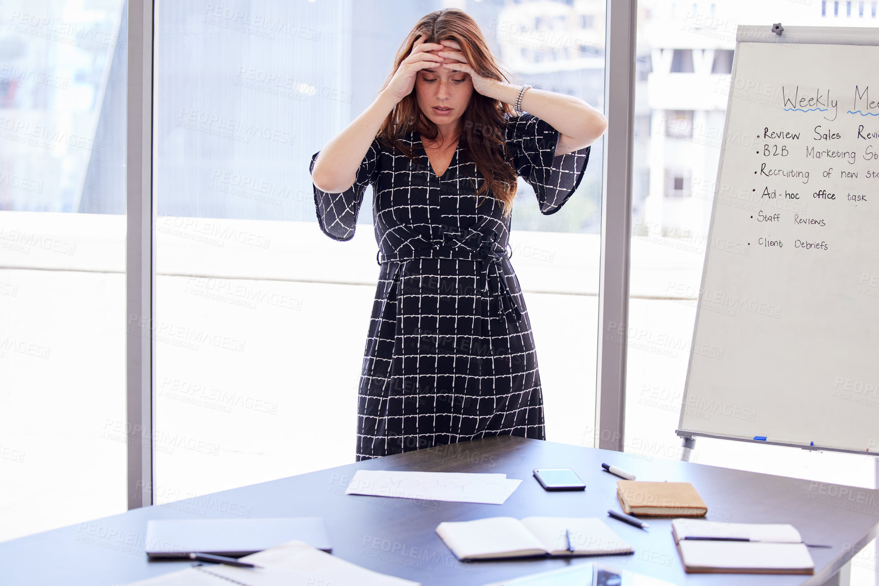 Buy stock photo Business woman, tired and burnout for presentation with stress, hands and paperwork in office. Anxiety, pressure and headache for employee for task, deadline and review or frustrated for company team