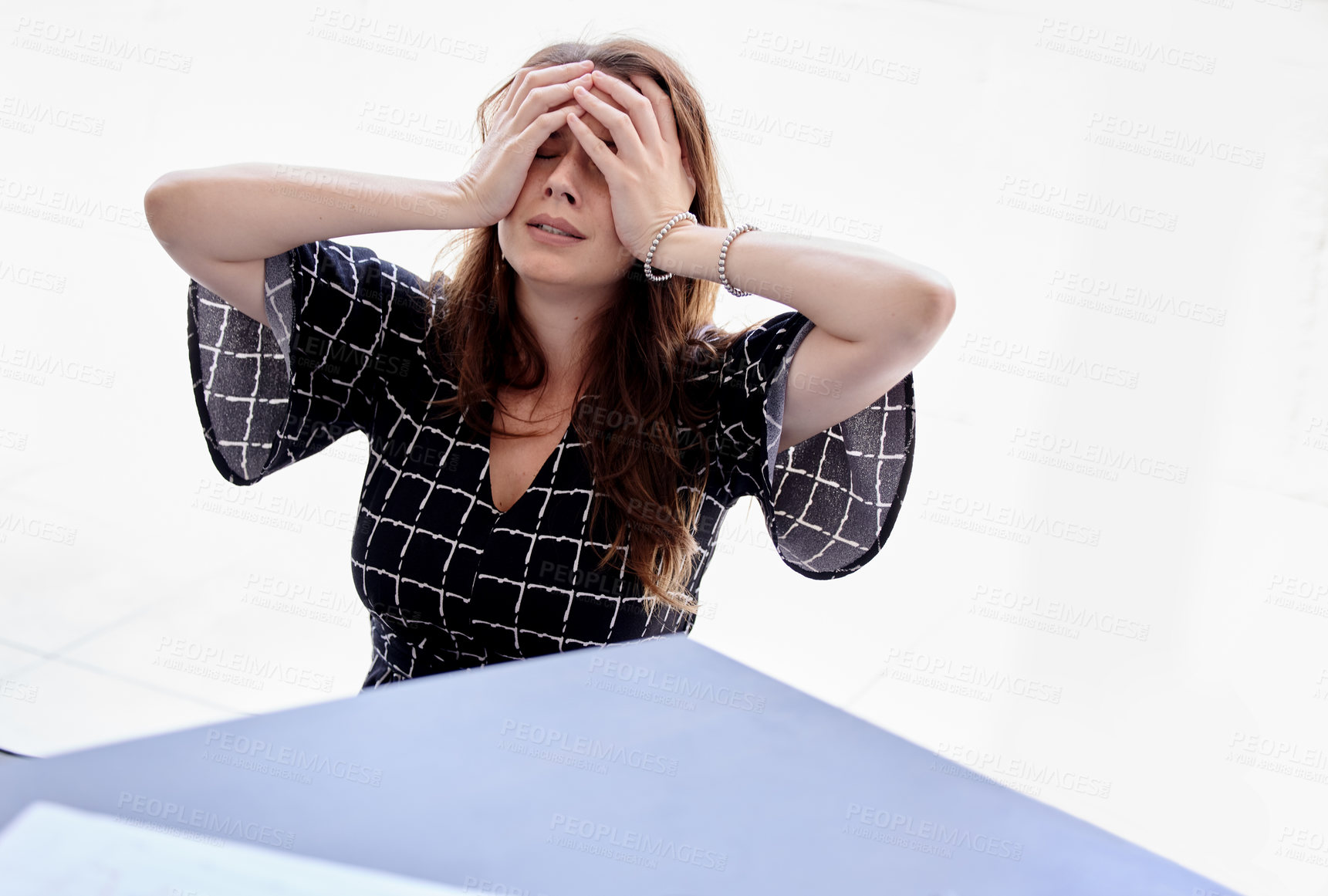 Buy stock photo Frustrated business woman, headache and stress with anxiety in depression, fail or mistake at office. Upset female person or young employee with migraine in fatigue, mental health or financial crisis