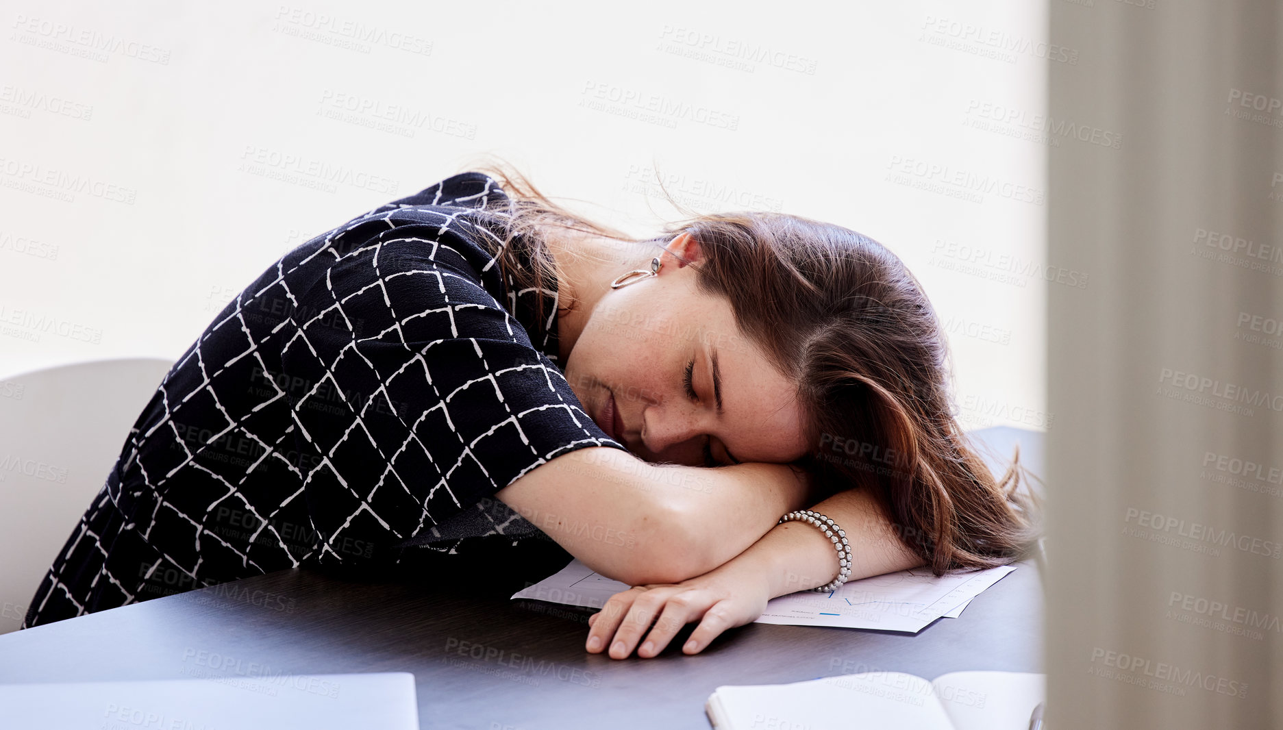 Buy stock photo Tired, business woman and sleeping with documents on desk in stress, fatigue or depression at office. Exhausted female person or young employee asleep with paperwork in burnout on table at workplace