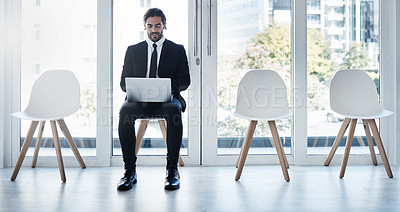 Buy stock photo Business man, laptop and waiting room in queue, chair and typing for networking, research or hr recruitment. Businessman, computer and human resources for interview, hiring opportunity or internship