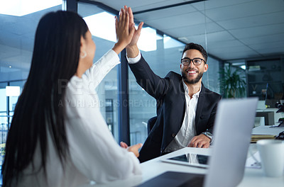 Buy stock photo High five, business people and office target success of staff with teamwork and collaboration. Working, company team and happy worker with celebration, motivation and solidarity from computer work