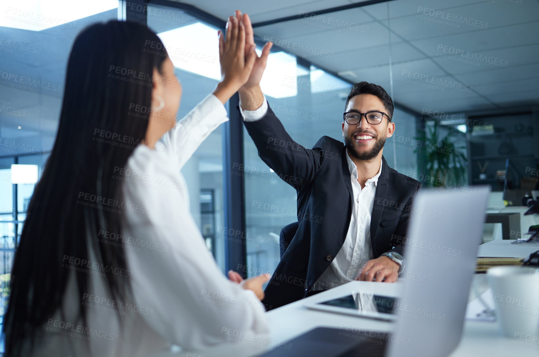 Buy stock photo High five, business people and office target success of staff with teamwork and collaboration. Working, company team and happy worker with celebration, motivation and solidarity from computer work