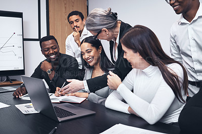 Buy stock photo Business people, manager and laptop in office for training or show company growth or feedback, statistics and teamwork. Group, diversity and meeting for collaboration, brainstorming and strategy.