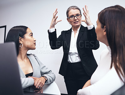 Buy stock photo Business people, women and manager with presentation, conversation and teamwork with mentor, coaching and share ideas. Group, leader and staff listening, info and cooperation with speaker and meeting