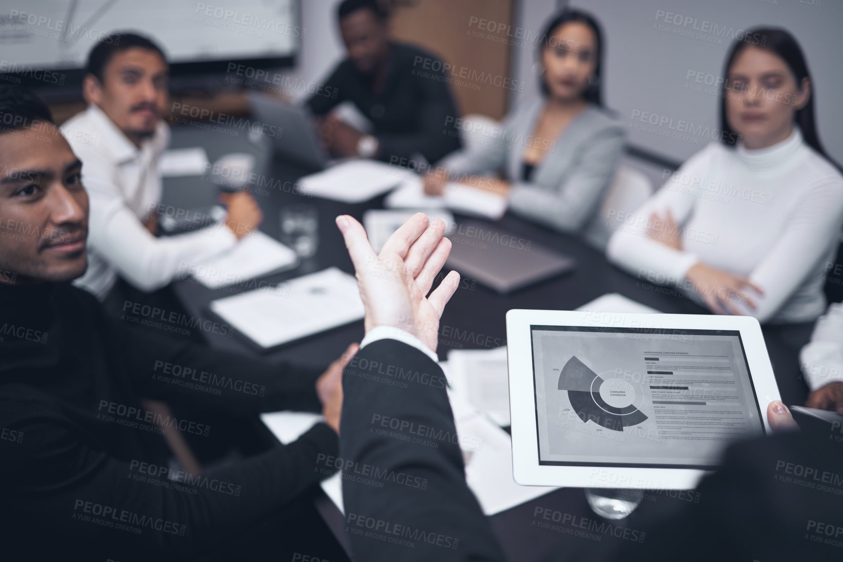 Buy stock photo Business meeting, tablet screen or graph presentation for people in office for data analytics, review or target audience statistics. Dashboard, erp or digital marketing team with speaker for training