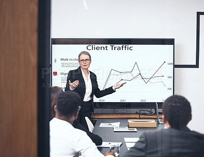 Buy stock photo Business woman, marketing and presentation on screen in strategy meeting or coaching team at office. Female person, CEO or coach training staff on technology display, graph or chart data at workplace