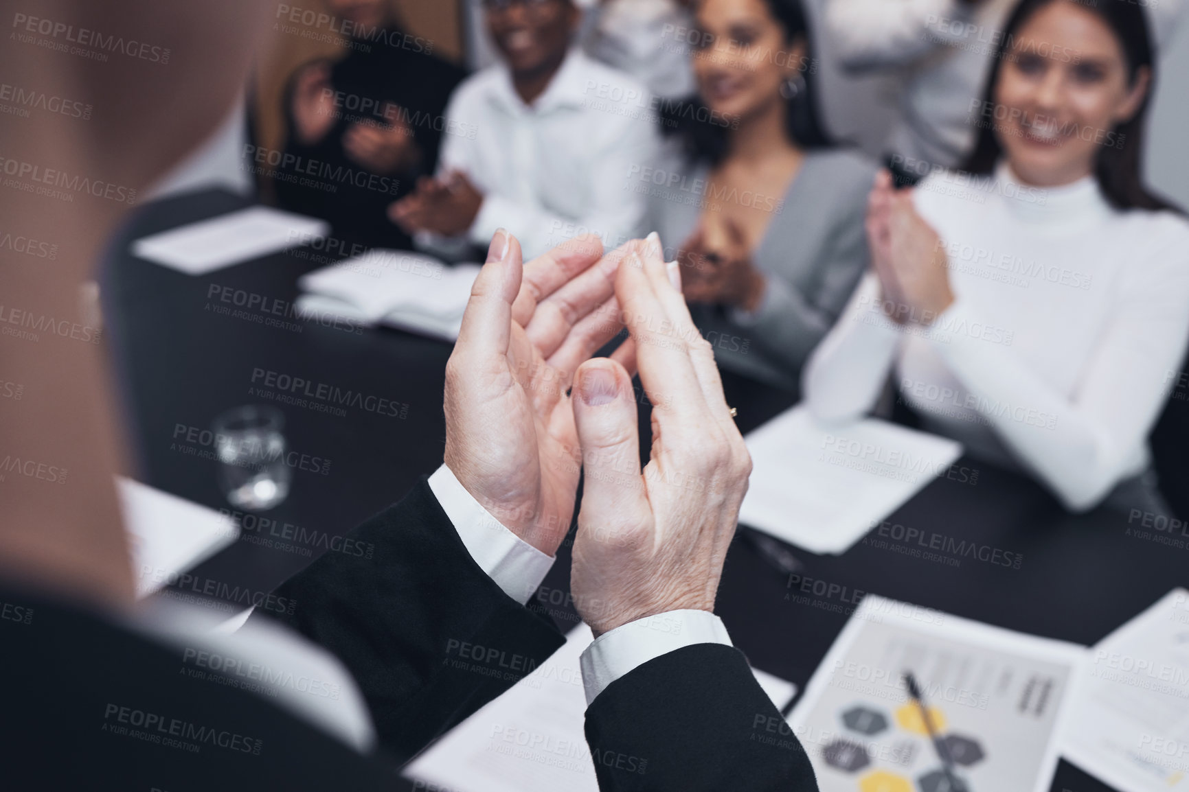 Buy stock photo Business people, hands and applause in meeting for presentation, teamwork or collaboration at the office. Hand of happy group clapping for team motivation, success or corporate goals at the workplace