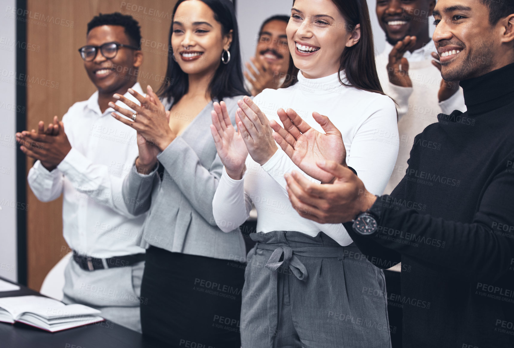 Buy stock photo Happy, business people and applause in meeting for presentation, teamwork or collaboration together at office. Hands of group clapping for team motivation, success or corporate goals at the workplace