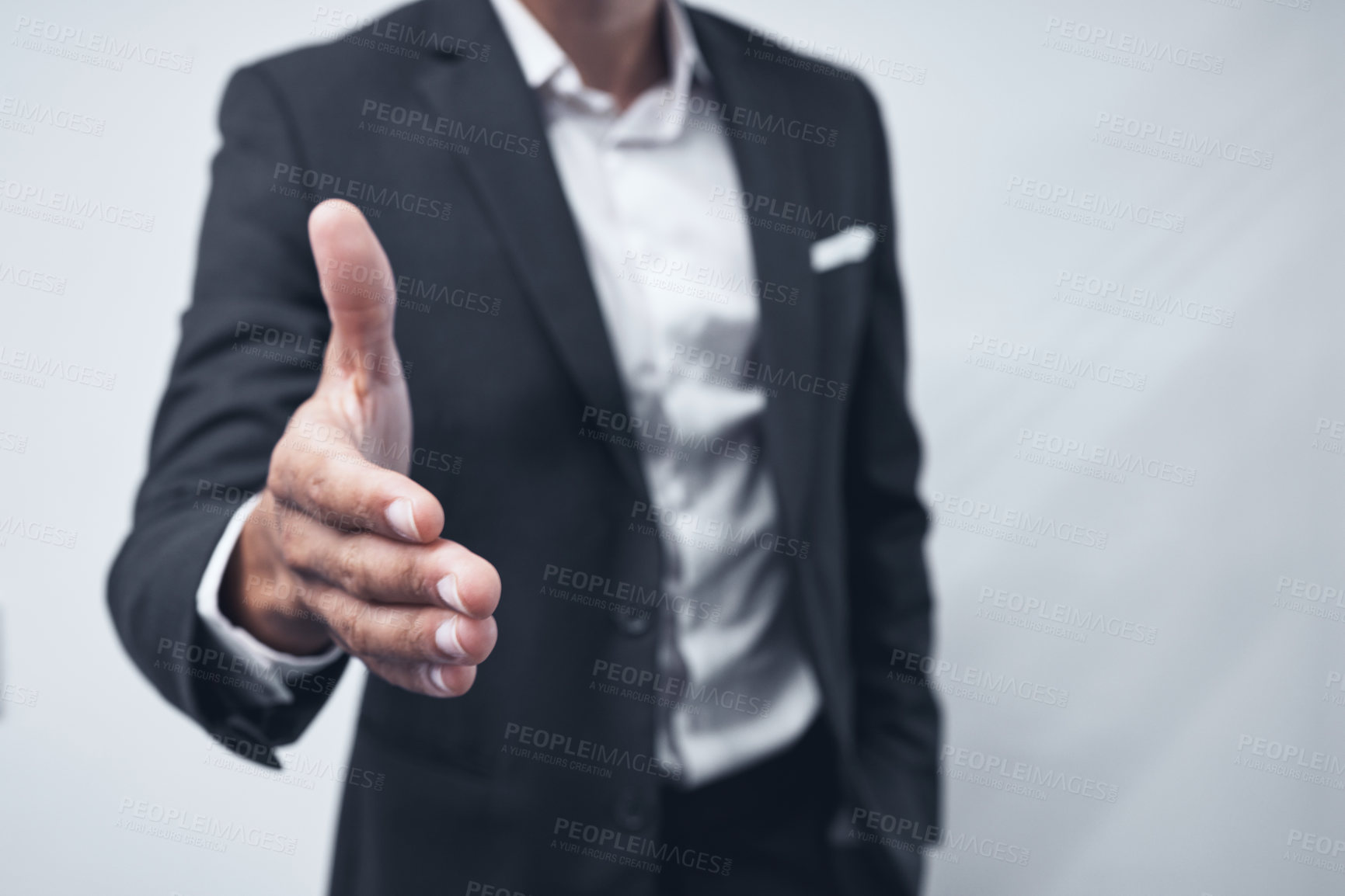 Buy stock photo Businessman, handshake and meeting for hiring, b2b or deal in welcome, greeting or introduction on mockup. Man, CEO or executive shaking hands for recruiting, partnership or agreement at office
