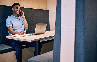 Buy stock photo Happy businessman, writing and phone call with book for notes, discussion or ideas in cubicle at office. Man or creative employee talking on mobile smartphone with smile for reminder or conversation