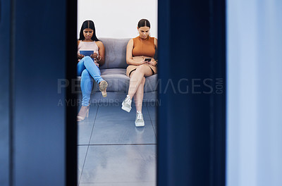 Buy stock photo Office, lobby and people in waiting room on sofa for job interview and reading recruitment info. Elevator, women or scroll phone or tech in human resource with search for vacancy opportunity mockup