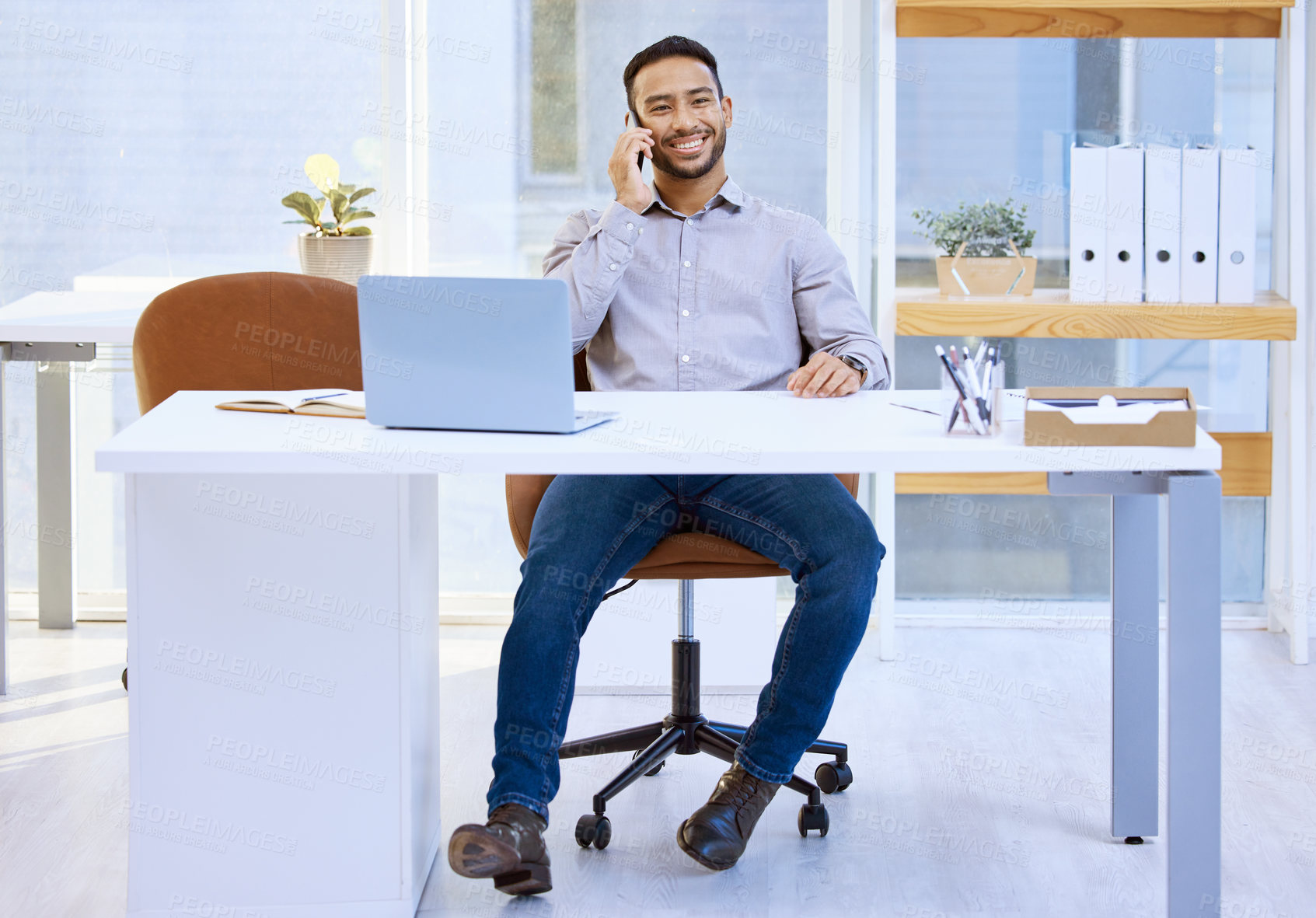 Buy stock photo Communication, businessman on smartphone and talking to a customer for support at his desk in a office at workplace. Networking or connectivity, consulting and man on a cellphone at his workspace