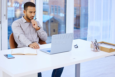 Buy stock photo Journalist, man and reading with laptop in office for ideas, lead or story at media company. Staff writer, editor and employee by computer, notebook and progress in research with info for newsletter