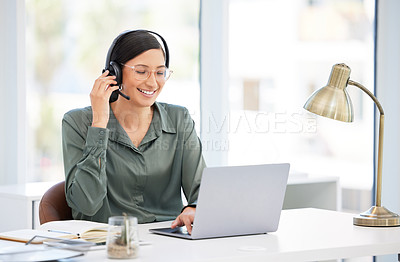 Buy stock photo Call center, laptop and business woman, telecom consultant or advisor talking online in customer support, advice or helping. Virtual assistant, agent or happy person, communication, chat and computer