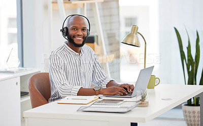 Buy stock photo Call center, laptop and portrait of man, telecom consultant or advisor in customer support, online advice or office chat. Virtual communication, planning and happy agent or african person on computer