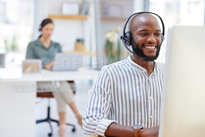 Buy stock photo Call center, computer and happy man, virtual consultant or advisor in customer support, online advice and office. contact, communication and business agent or african person on desktop in workspace