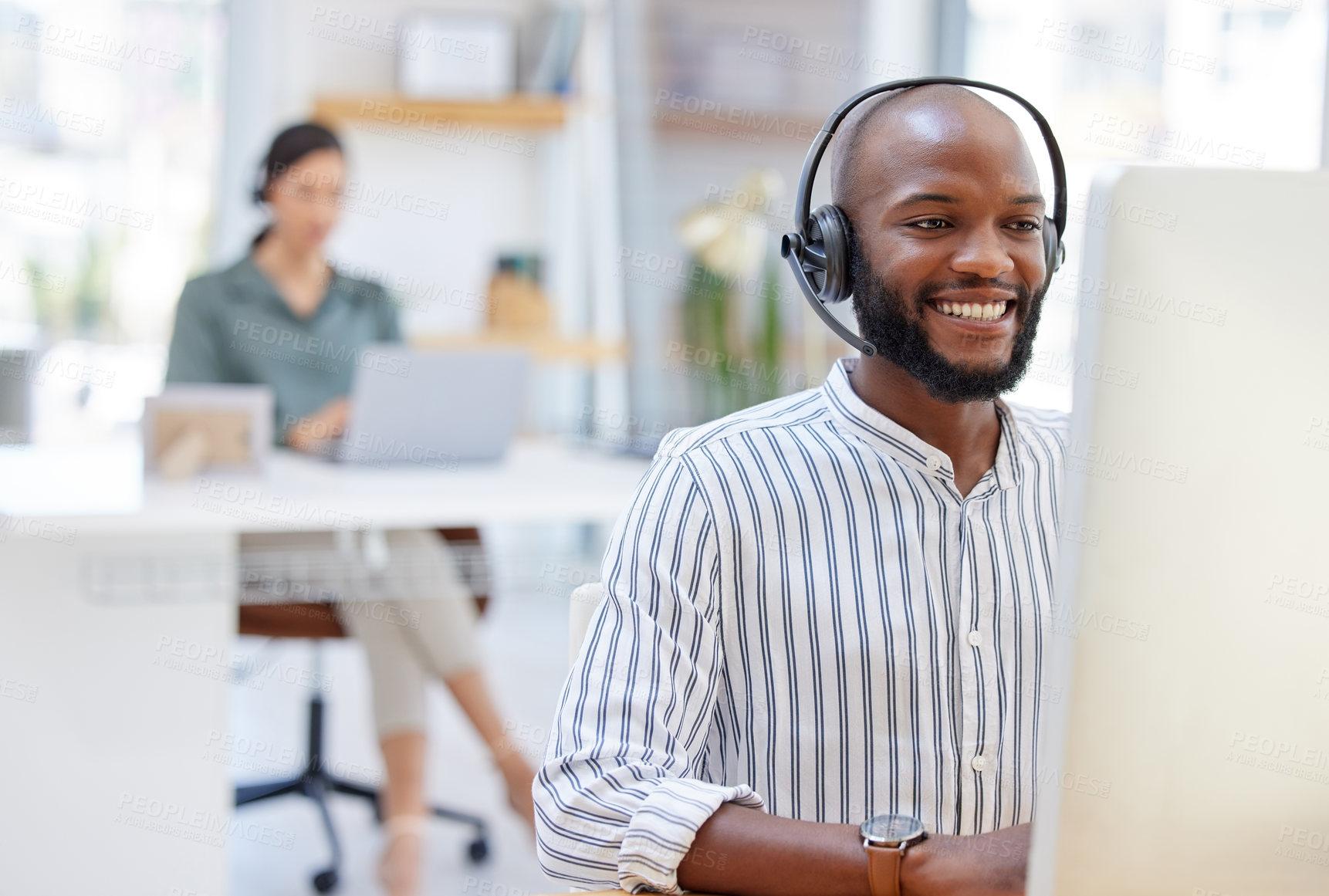 Buy stock photo Call center, computer and happy man, virtual consultant or advisor in customer support, online advice and office. contact, communication and business agent or african person on desktop in workspace