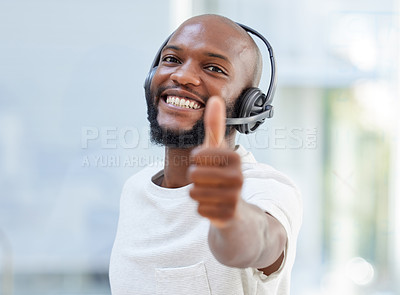 Buy stock photo Call center, portrait and man thumbs up, success and thank you or like, yes and winning in office support or communication. Agent face, consultant or african person for thanks, okay or good job emoji