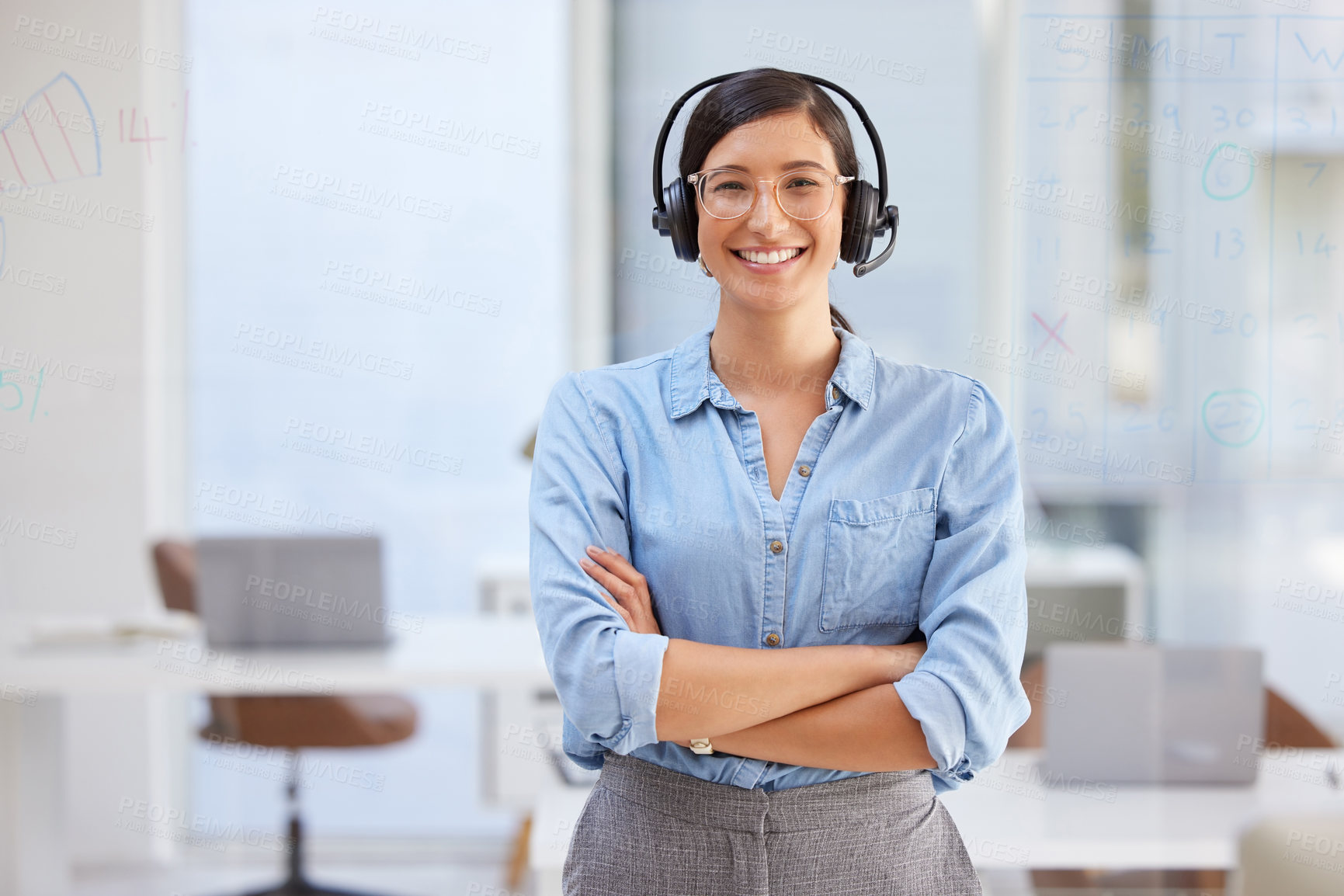 Buy stock photo Call center, woman portrait and arms crossed in office for virtual communication, business support or telecom. Happy agent, web advisor or young person in online consulting, agency and advice or chat