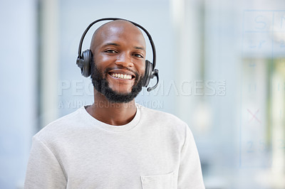 Buy stock photo Happy man, portrait and call center for virtual communication, business support or e learning services. Face of agent, black male advisor or person for consulting, agency space and crm chat advice