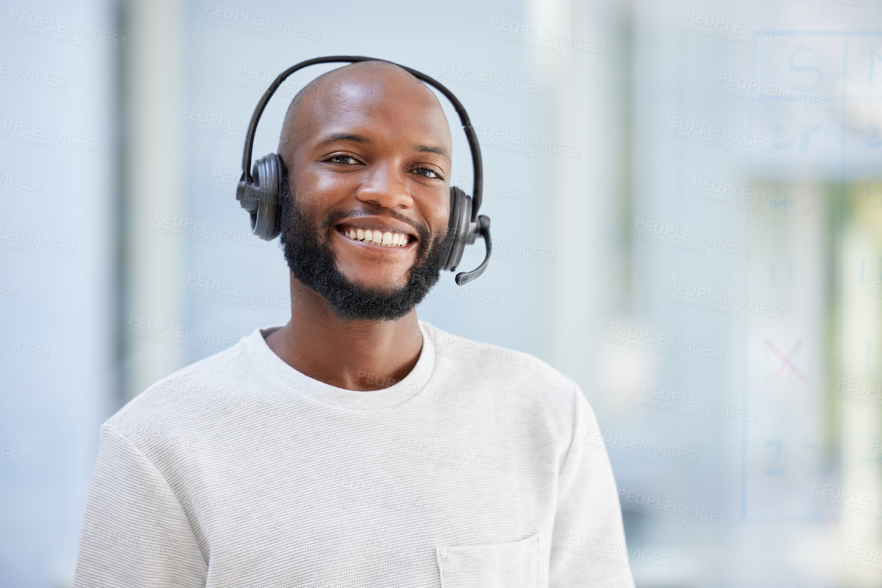 Buy stock photo Happy man, portrait and call center for virtual communication, business support or e learning services. Face of agent, black male advisor or person for consulting, agency space and crm chat advice