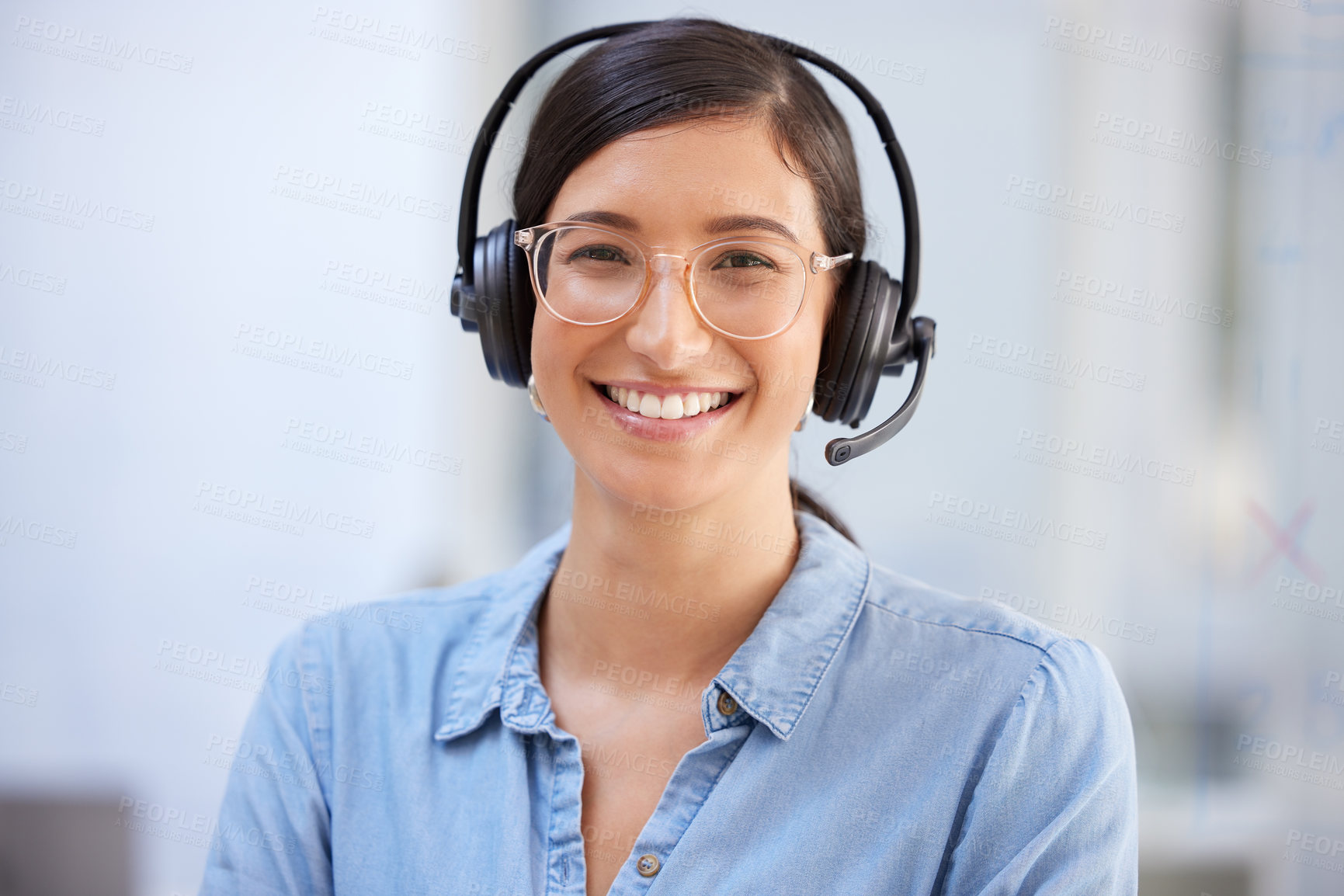 Buy stock photo Call center, portrait and happy woman for business communication, virtual support or telemarketing job. Face of agent, advisor or agency person in online consulting, tech advice or helping in office