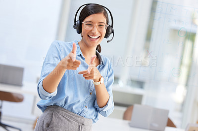 Buy stock photo Portrait, call center or woman with gun fingers, telemarketing or excited with promotion. Face, female person or employee with hand gesture, shooting or agent with a smile, tech support or headphones