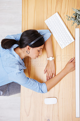 Buy stock photo Business, woman and telemarketing or tired with sleeping for customer support, internet glitch or depression. Call center, top view or burnout with headset in office for brain fog, overworked and 404