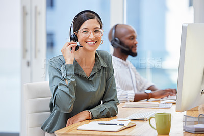 Buy stock photo Call center, portrait and business woman, telecom consultant or advisor for support, online advice and office workspace. Virtual communication, coworking and happy agent or people on desktop computer