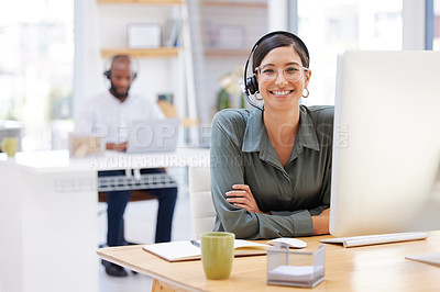 Buy stock photo Shot of a young businesswoman working in call center
