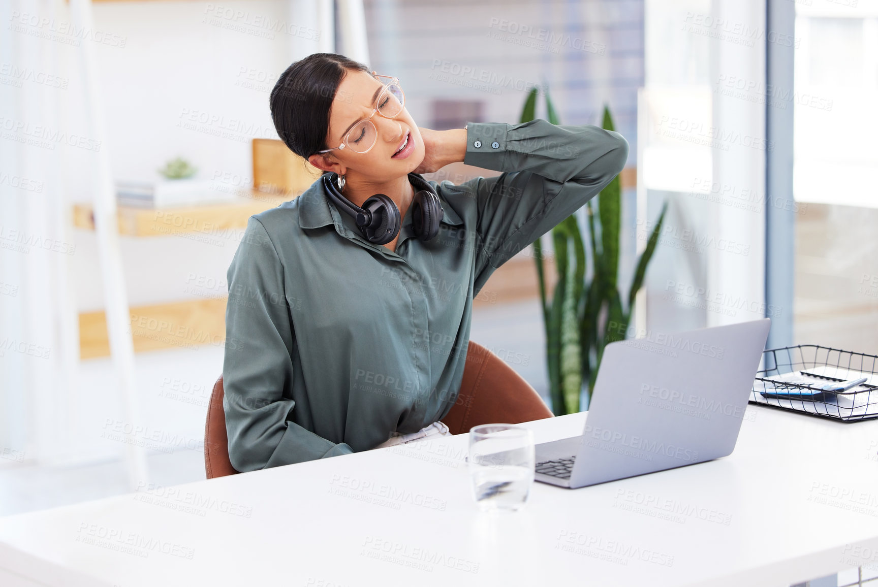 Buy stock photo Business, woman or neck pain with stress, call center or burnout with laptop, overworked for project or muscle tension. Employee, agent or consultant with help desk, tired or fatigue with health risk