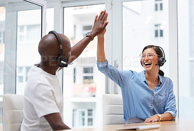 Buy stock photo Call center, high five and people success, teamwork or coworking support, winning or celebrate in office. Happy diversity staff, partner or woman hands together om telemarketing sales, target or goal
