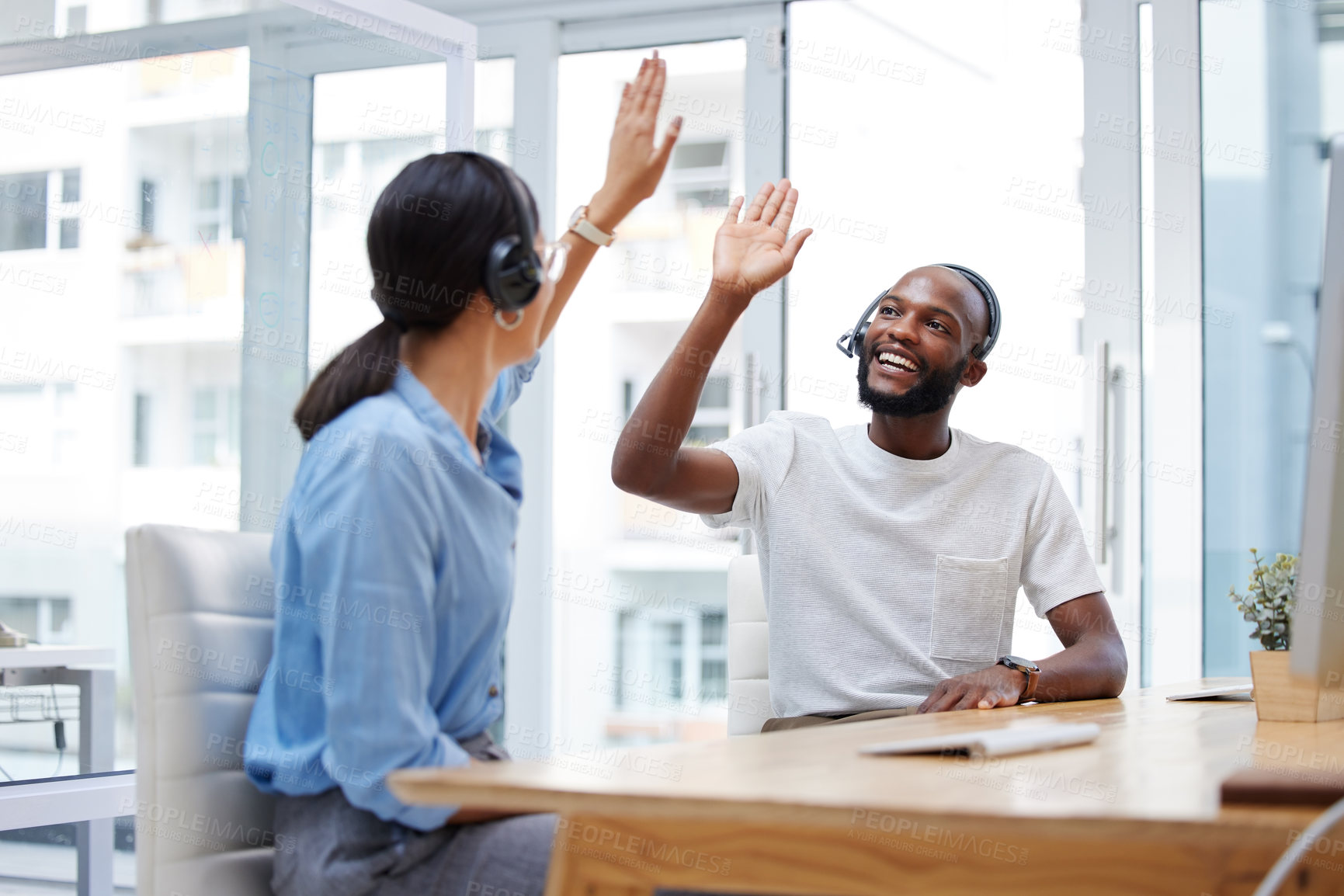 Buy stock photo High five, call center and people teamwork, support or coworking success, winning or achievement in office. Happy african man, partner or woman hands together for telemarketing sale, target or goals