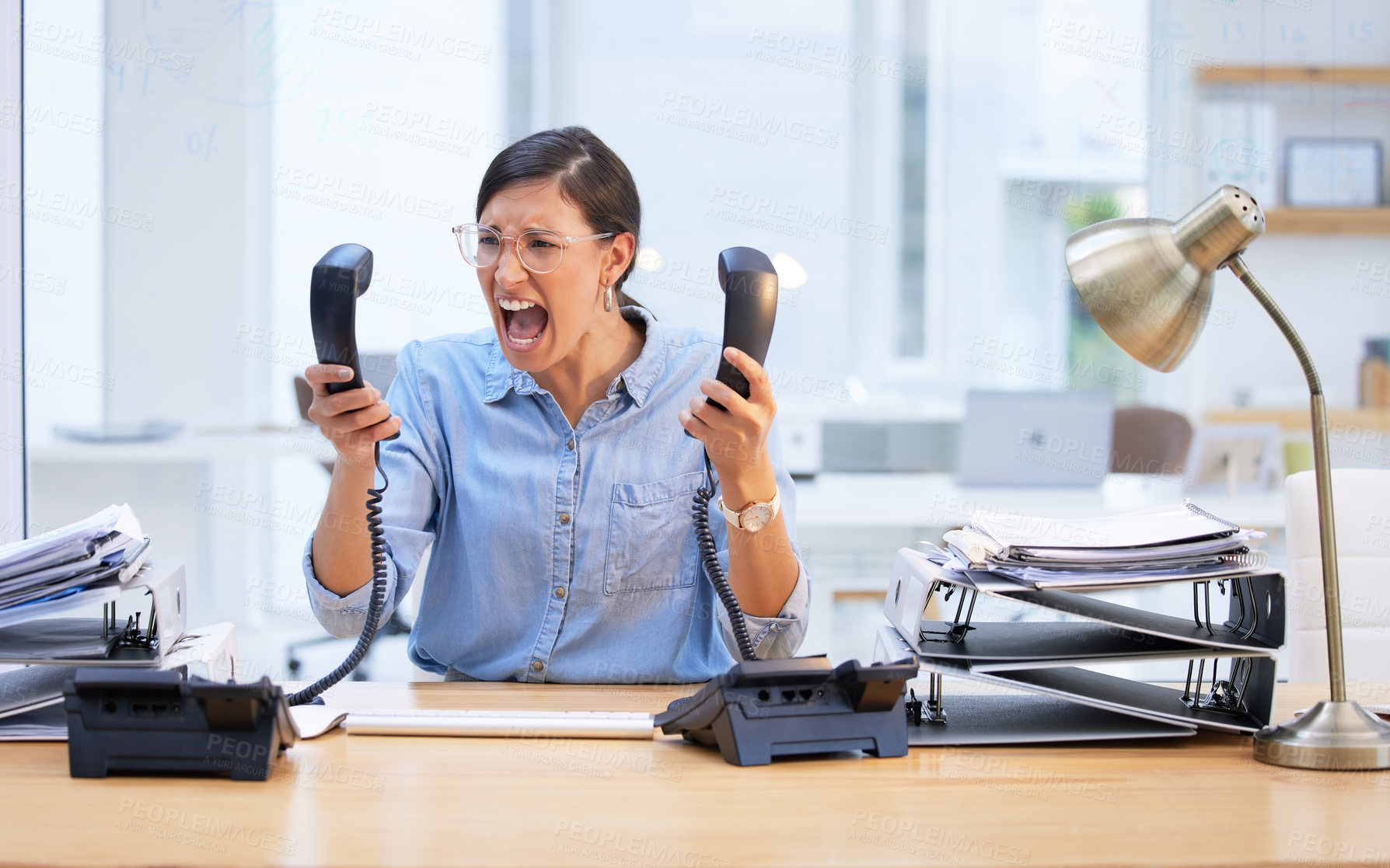 Buy stock photo Angry, scream and business woman on telephone for secretary career stress, frustrated and mental health problem. Shout, anxiety and anger of professional worker or person with burnout on phone call