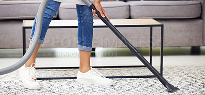 Buy stock photo Legs, vacuum and carpet in home, living room and spring cleaning service for dust, bacteria or dirt for health. Person, housework and cleaner with machine for flooring, rug or job at house in Mexico