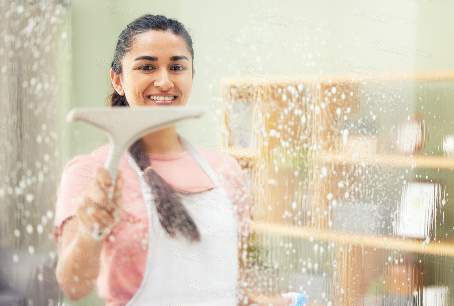 Buy stock photo Woman, window and cleaning in house with foam, liquid and spray for shine, hygiene and dust in living room. Person, cleaner and job in domestic services with soap, tools and water on glass for dirt