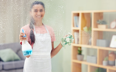 Buy stock photo Woman, window and spray in home with foam, liquid and bottle for shine, hygiene and dust in living room. Person, girl and job in cleaning services with soap, cloth and chemical on glass for dirt