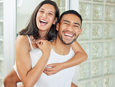 Buy stock photo Couple, portrait and piggyback with bathroom, smile and love for relationship bonding. Man, woman and laugh with happiness, romance and morning routine for home oral hygiene with hug and teeth health