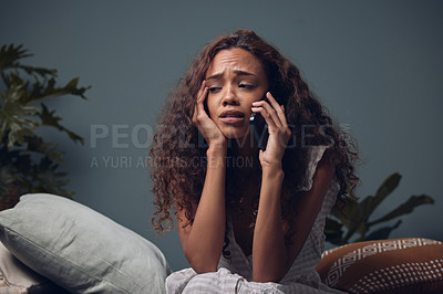 Buy stock photo Woman, crying and stress with phone call for help, support and communication of mental health at home. Scared, sad and person with depression, anxiety and worry for insomnia or sleep apnea on mobile