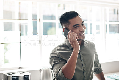 Buy stock photo Phone call, smile and asian businessman at home for remote work consulting, chat or client communication. Smartphone, hello and entrepreneur in Tokyo with web, conversation or b2b networking in house