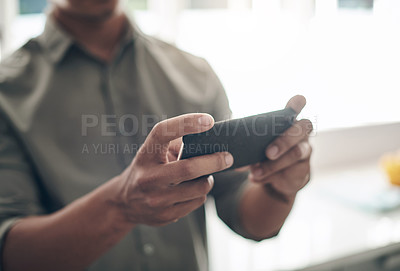 Buy stock photo Phone, search and hands of man in house with gaming, competition or online contest closeup. Smartphone, app and male person streaming social media, video or movie, film or show, web or communication