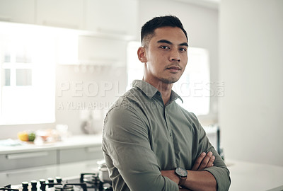 Buy stock photo Man, confidence and kitchen in portrait or home for real estate, property or realtor or homeowner. Male agent and calm for sales with apartment or career, show house or natural in Boston or USA