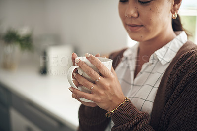 Buy stock photo Hands, relax and asian woman drinking coffee in kitchen of home closeup for start of morning. Mug, drink and tea with young business person in apartment for fresh caffeine beverage or refreshment
