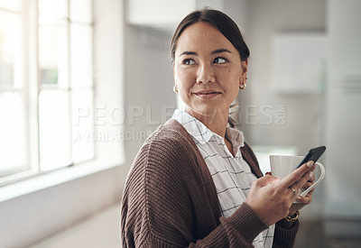 Buy stock photo Phone, thinking or woman on social media with coffee or online research for entertainment on blog website. Technology, communication or lady on mobile app to search for news post or ideas at home